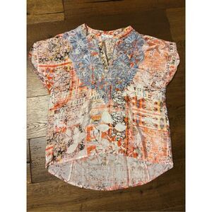 Karyn Seo silk blend cap sleeve top S watercolor artsy boho embroidered